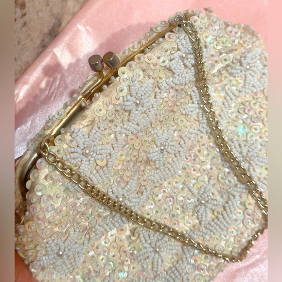Vintage 60s Ivory beaded sequined evening bag - Picture 4 of 5